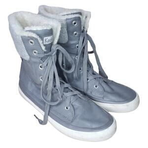 Keds Leather/Faux Fur Mid Calf Boots size 9.5, Lace up, Gray with White